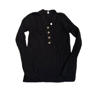 Wishlist Sweater Womens Large Tight Knit Black VNeck Button Front Pullover Top